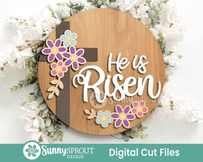 He Is Risen Cross Flowers Sign, Digital download, SVG Laser cut file, Cricut, Round door hanger design, Christian Easter decor