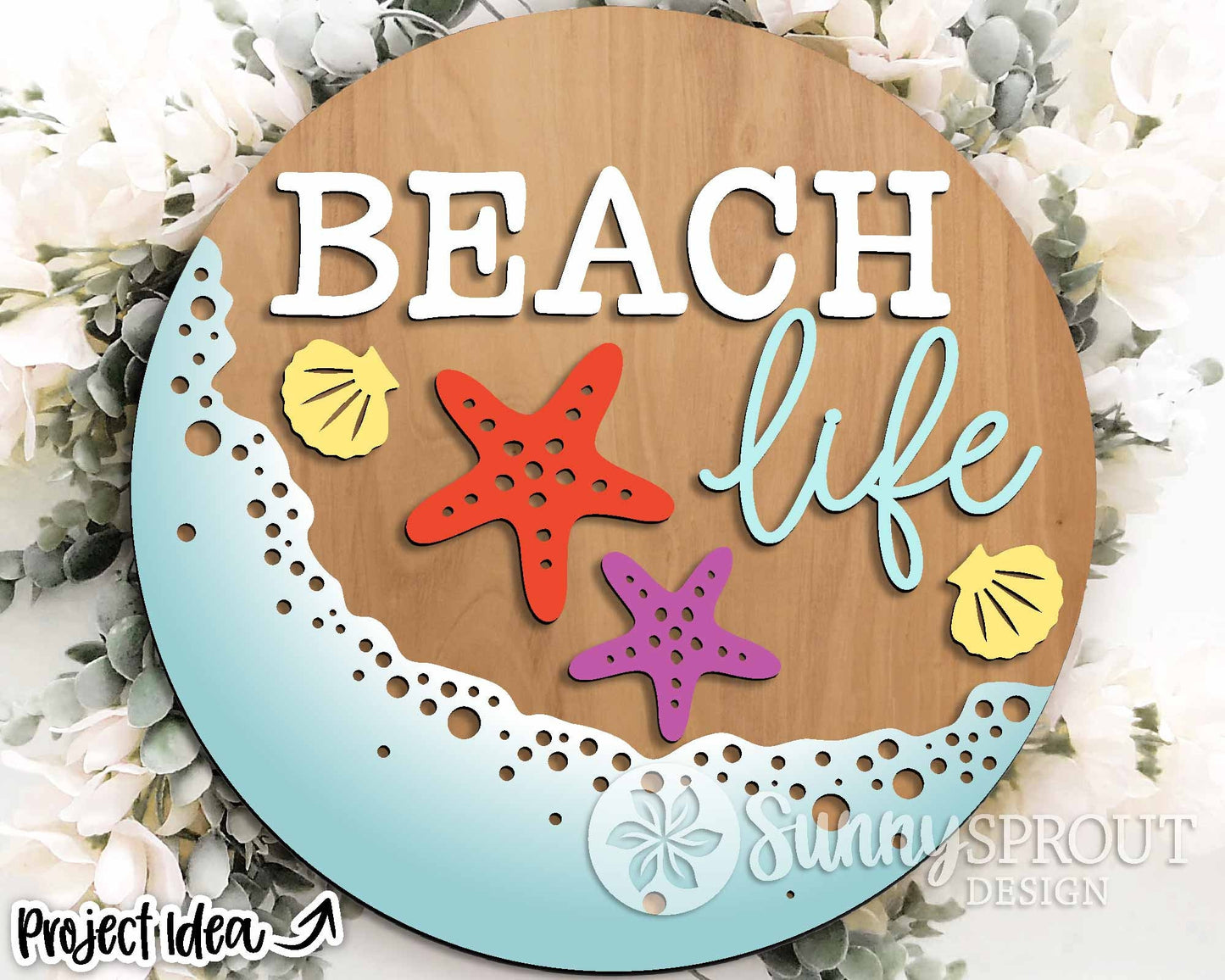 Beach Life Starfish Sign, Digital download, SVG Laser cut file, Cricut, Round door hanger wall art design, Ocean coastal decor