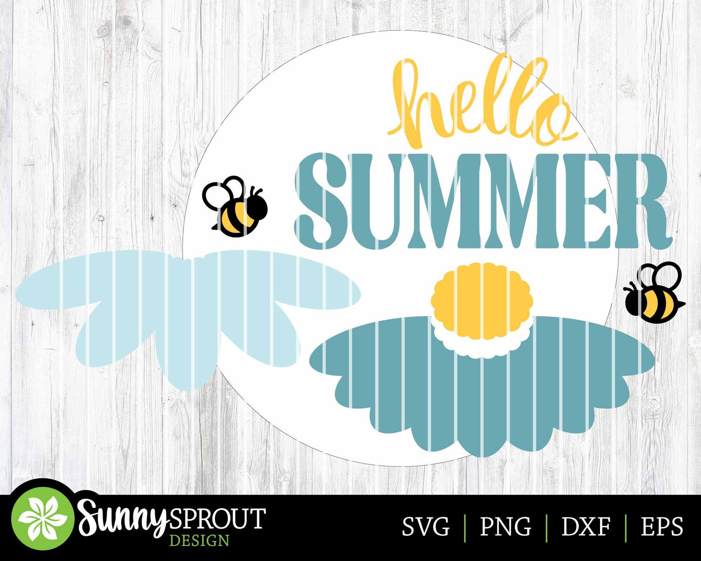 Hello Summer Bee Flower Sign, Digital Download, SVG Laser Cut File, Cricut, Round Door Hanger Design