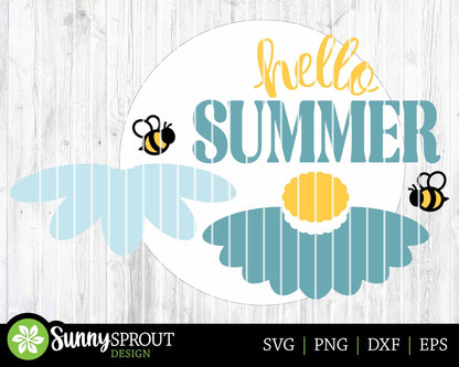 Hello Summer Bee Flower Sign, Digital Download, SVG Laser Cut File, Cricut, Round Door Hanger Design