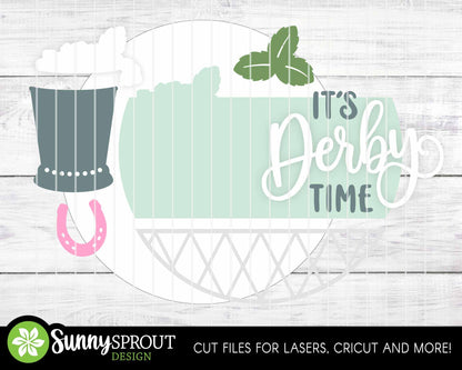 It's Derby Time Mint Julep Sign, Digital download, SVG Laser cut file, Cricut, Round door hanger design, Kentucky Derby decor