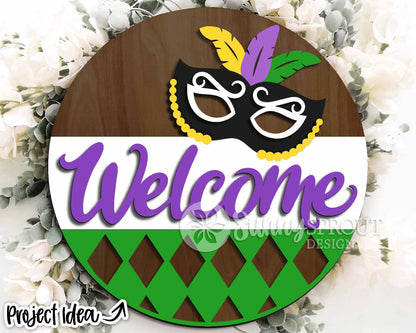 Mardi Gras Mask Welcome Sign, Digital download, SVG laser cut file, Cricut, Round door hanger design, Fat Tuesday decor