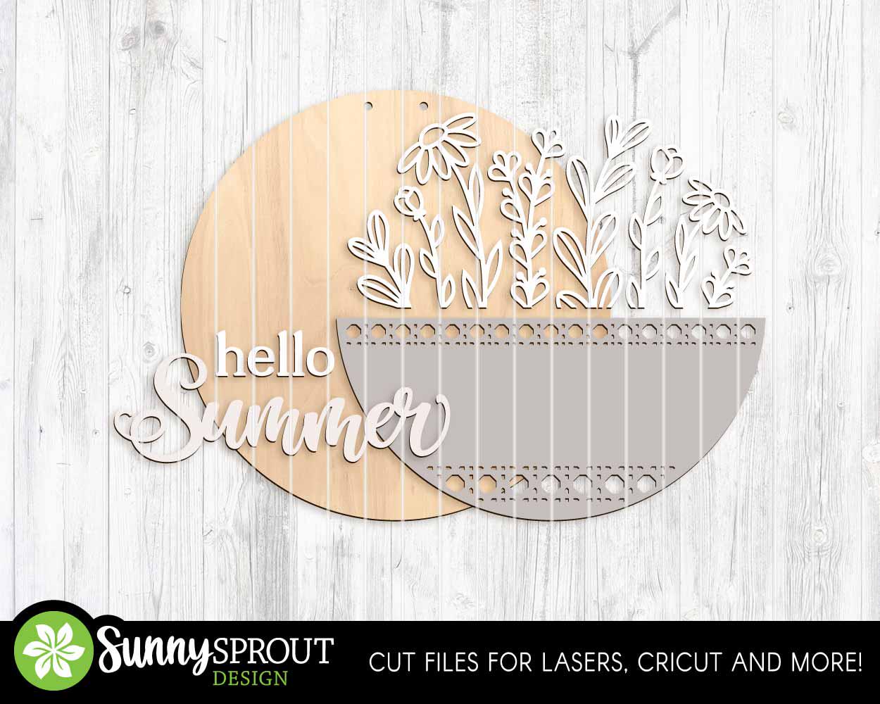 Hello Summer Wildflowers Rattan Pattern Sign, Digital Download, SVG Laser Cut File, Cricut, Round Door Hanger Design