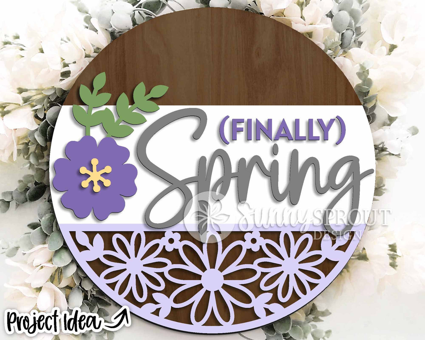 Finally Spring Flower Pattern Sign, Digital download, SVG laser cut file, Cricut, Round door hanger design