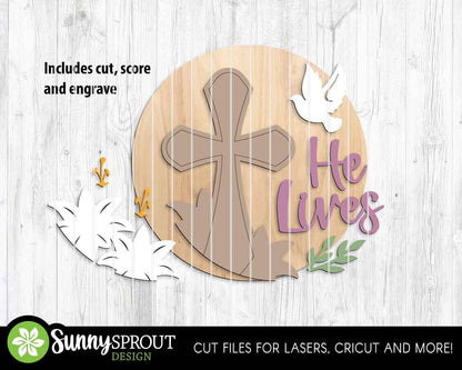 He Lives Cross & Lilies Sign, Digital download, SVG Laser cut file, Cricut, Round door hanger design, Christian Easter decor
