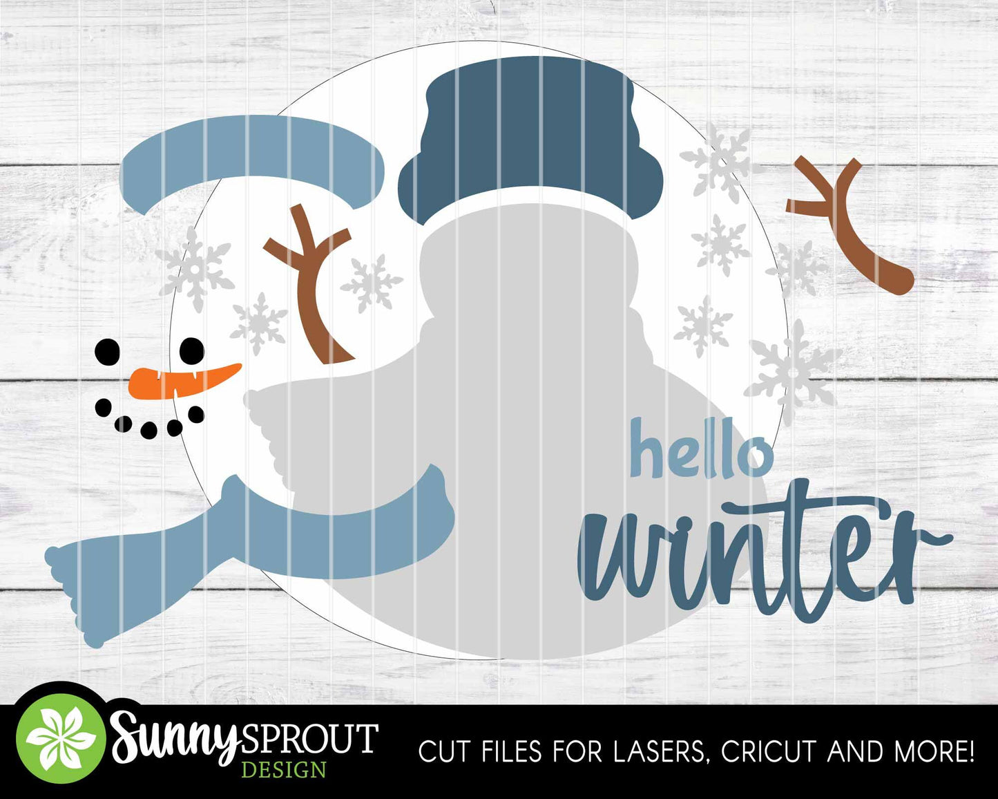 Hello Winter Snowman Sign, Round door hanger SVG, Glowforge laser cut file, Cricut, Winter decor svg, Welcome sign svg