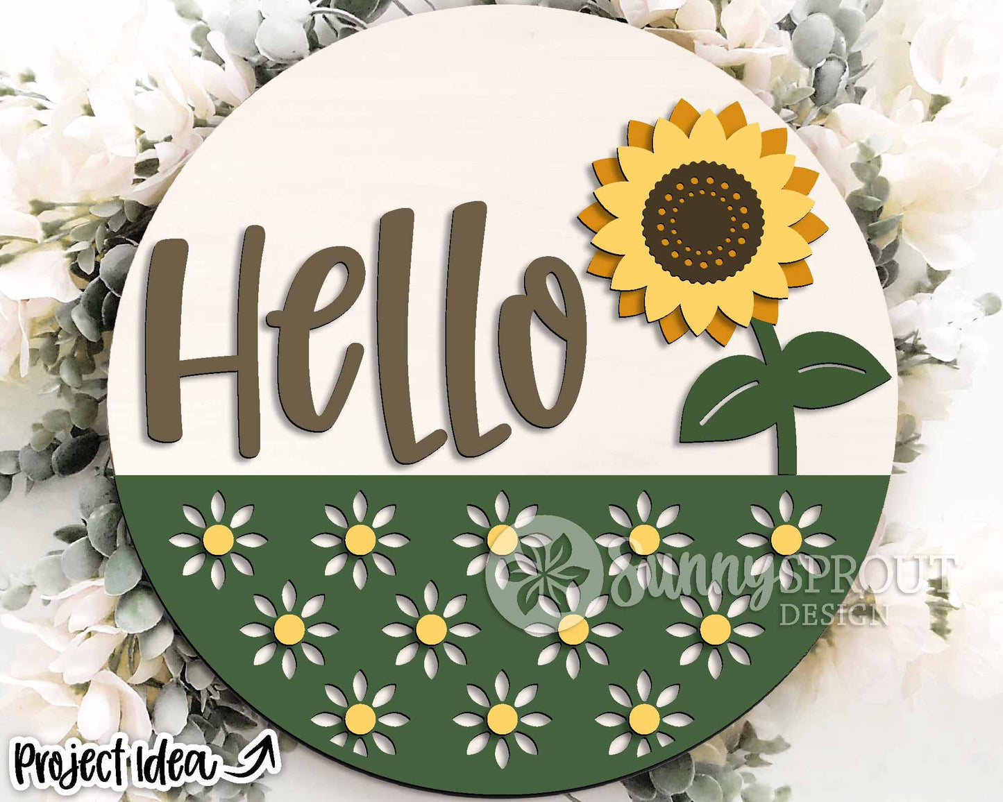 Hello Sunflower Pattern Sign, Digital Download, SVG Laser Cut File, Cricut, Summer Fall Round Door Hanger Design