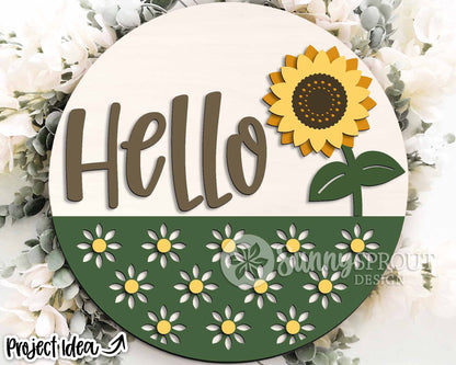 Hello Sunflower Pattern Sign, Digital Download, SVG Laser Cut File, Cricut, Summer Fall Round Door Hanger Design