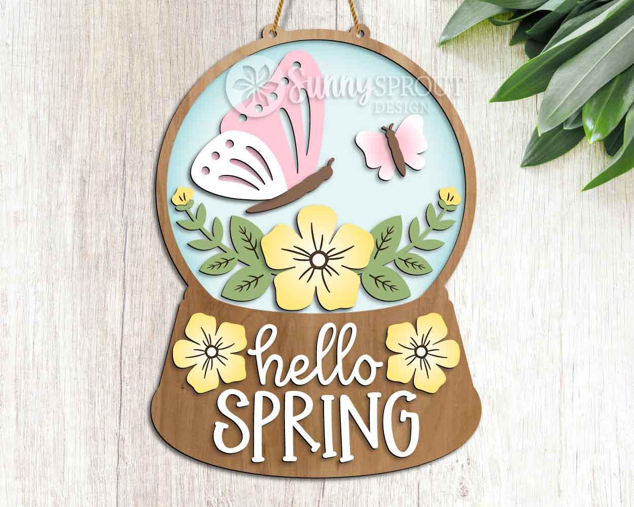 Hello Spring Butterfly Flower Snow Globe Sign, Digital download, SVG Laser cut file, Cricut, Door hanger design