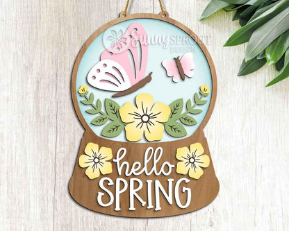 Hello Spring Butterfly Flower Snow Globe Sign, Digital download, SVG Laser cut file, Cricut, Door hanger design