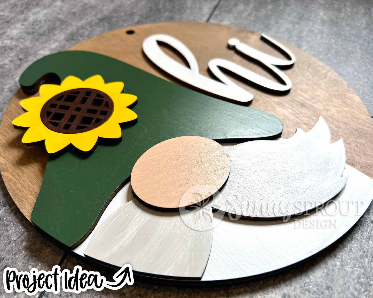 Hi Sunflower Gnome Sign, Digital Download, SVG Laser Cut File, Cricut, Summer Garden Round Door Hanger Design