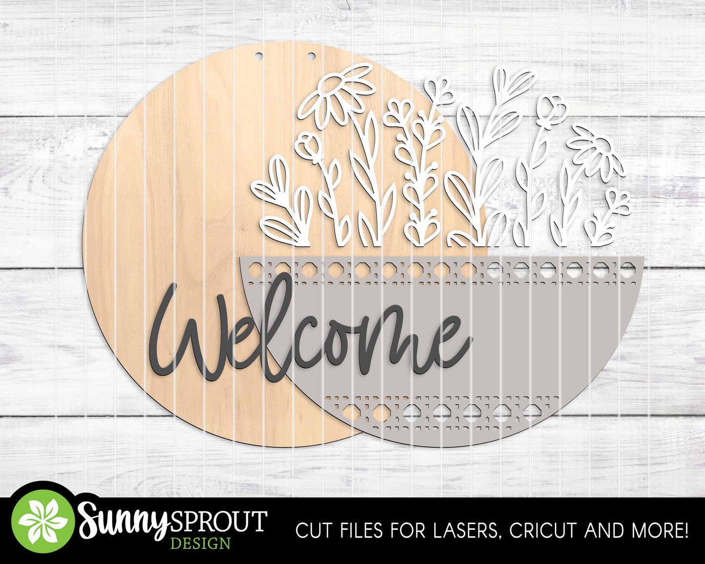 Welcome Wildflowers Rattan Pattern Sign, Digital Download, SVG Laser Cut File, Cricut, Floral Round Door Hanger Design
