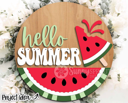 Hello Summer Watermelon Popsicle Sign, Digital Download, SVG Laser Cut File, Cricut, Round Door Hanger Design