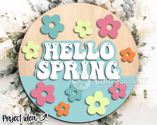 Hello Spring Retro Flower Sign, Digital download, SVG Laser cut file, Cricut, Round door hanger design