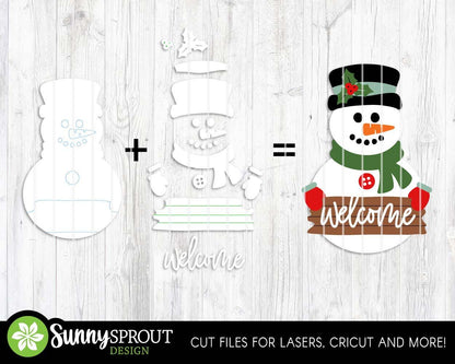 Snowman Welcome Door Hanger Sign, Glowforge laser cut file, Winter welcome sign svg, Christmas sign, Holiday decor
