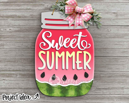 Sweet Summer Watermelon Mason Jar Sign, Digital Download, SVG Laser Cut File, Door Hanger Design