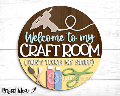 Craft Room Supplies Welcome Sign, Digital Download, SVG Laser Cut File, Cricut, Round Door Hanger Design