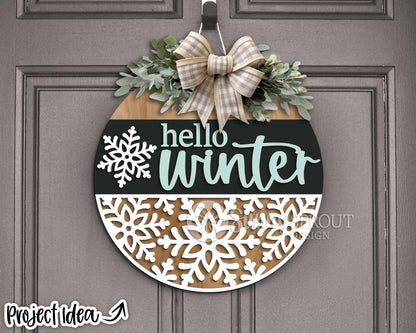 Hello Winter Snowflakes Sign, Round door hanger svg, Glowforge laser file, Cricut, Winter door decor, Winter welcome sign