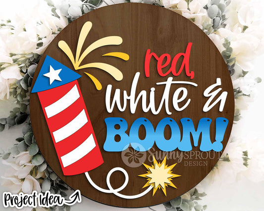 Red, White & Boom Firecracker Sign, Digital Download, SVG Laser Cut File, Cricut, Round Door Hanger Design, Patriotic 4th of July Decor