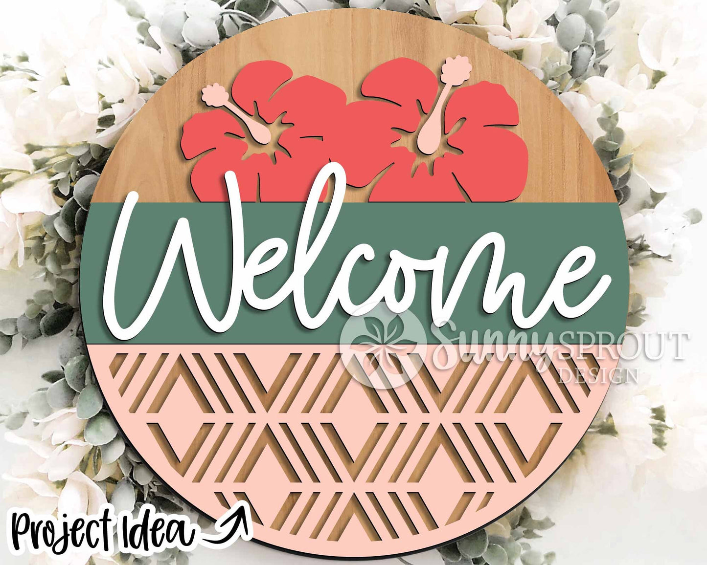 Welcome Tropical Hibiscus Flower Sign, Digital Download, SVG Laser Cut File, Cricut, Summer Round Door Hanger Design
