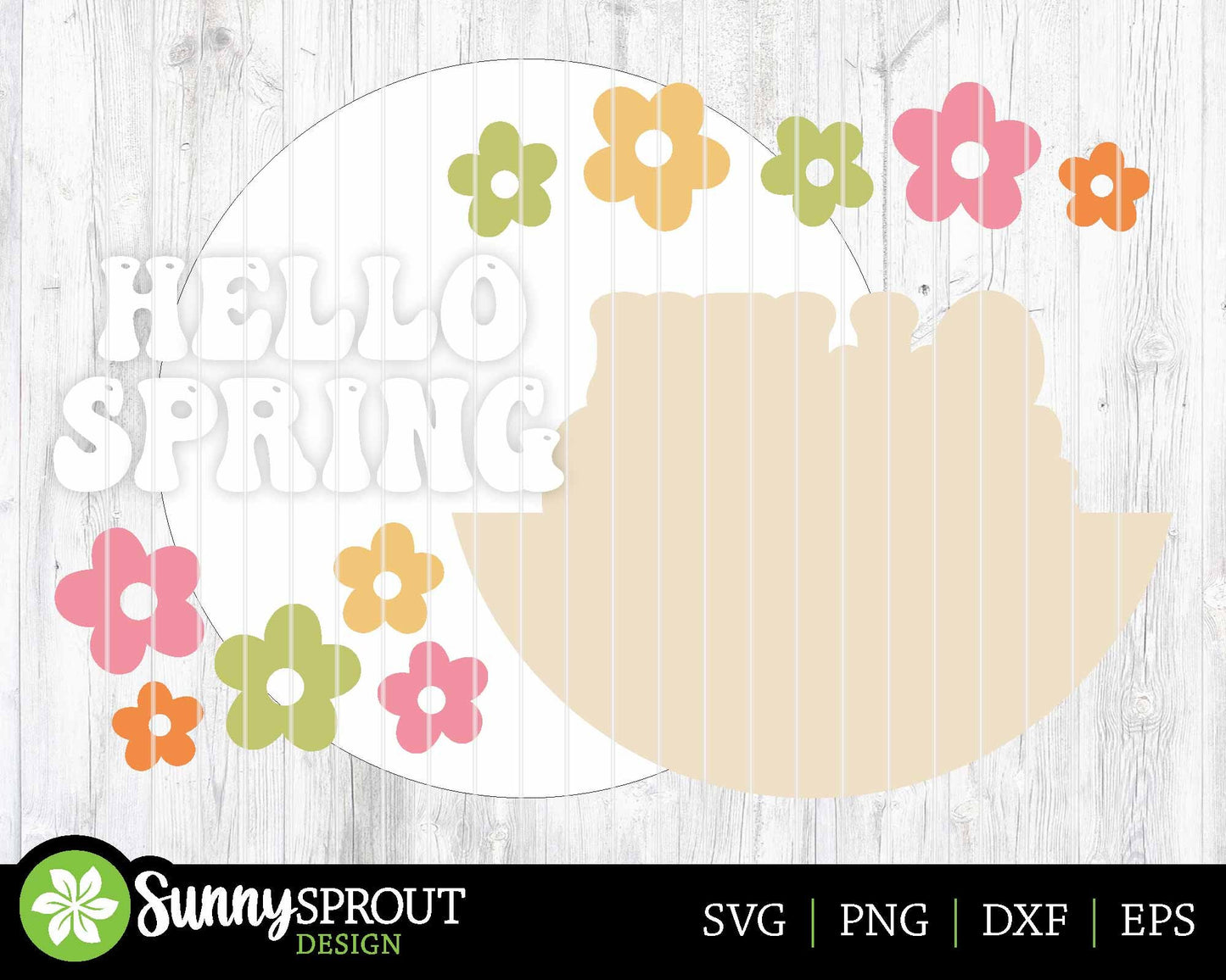Hello Spring Retro Flower Sign, Digital download, SVG Laser cut file, Cricut, Round door hanger design