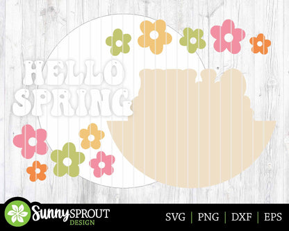 Hello Spring Retro Flower Sign, Digital download, SVG Laser cut file, Cricut, Round door hanger design