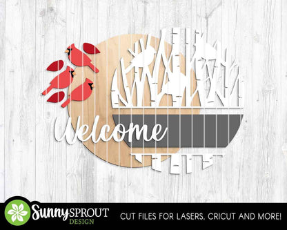 Welcome Cardinal Birch Tree Sign, Round door hanger, Glowforge laser file, Cricut, Christmas decor, Winter, Bird sign svg