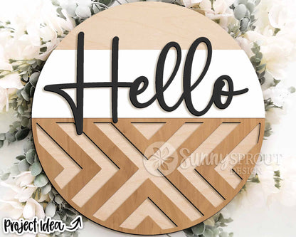 Hello Geometric Welcome Sign, Digital Download, SVG Laser Cut File, Cricut, Modern Round Door Hanger Design