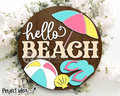 Hello Beach Umbrella Beachball Sign, Digital download, SVG laser cut file, Cricut, Round door hanger design, Ocean coastal decor