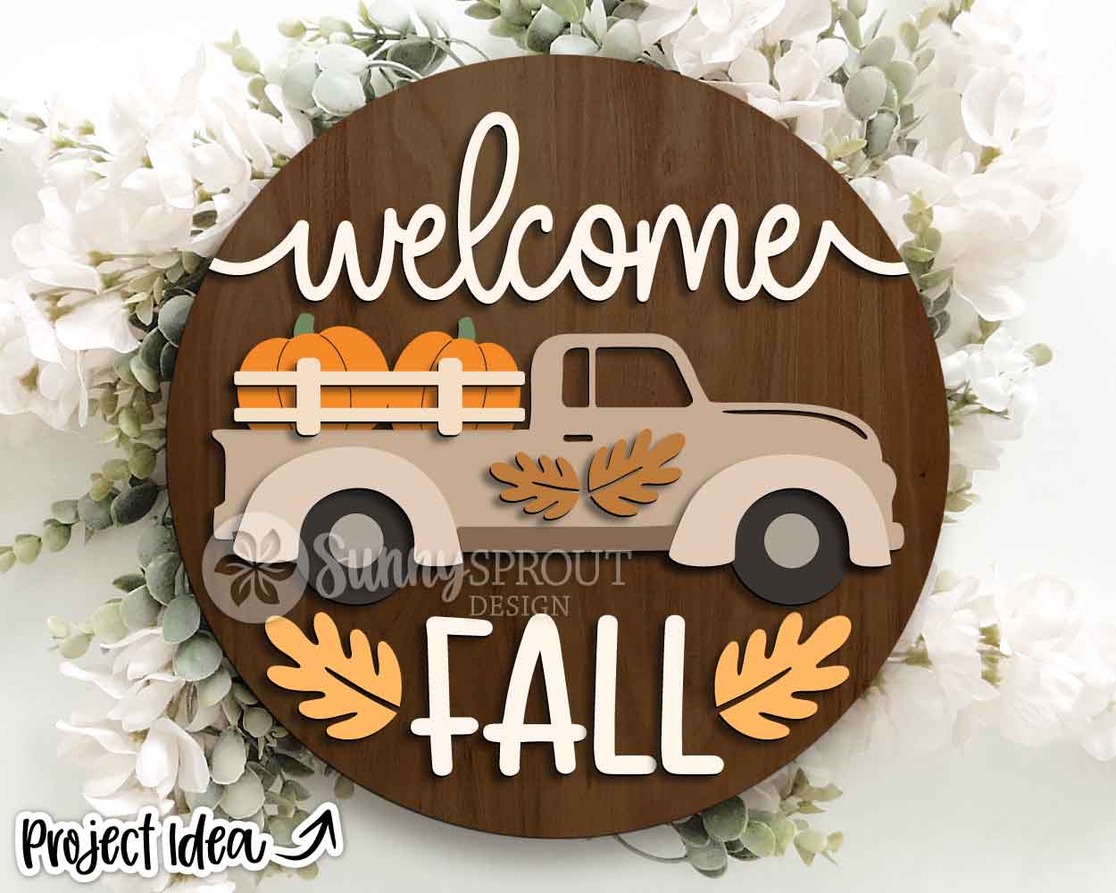 Welcome Fall Pumpkin Truck Sign, Digital Download, SVG Laser Cut File, Cricut, Round Fall Farmhouse Door Hanger Design