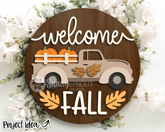 Welcome Fall Pumpkin Truck Sign, Digital Download, SVG Laser Cut File, Cricut, Round Fall Farmhouse Door Hanger Design