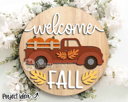 Welcome Fall Pumpkin Truck Sign, Digital Download, SVG Laser Cut File, Cricut, Round Fall Farmhouse Door Hanger Design