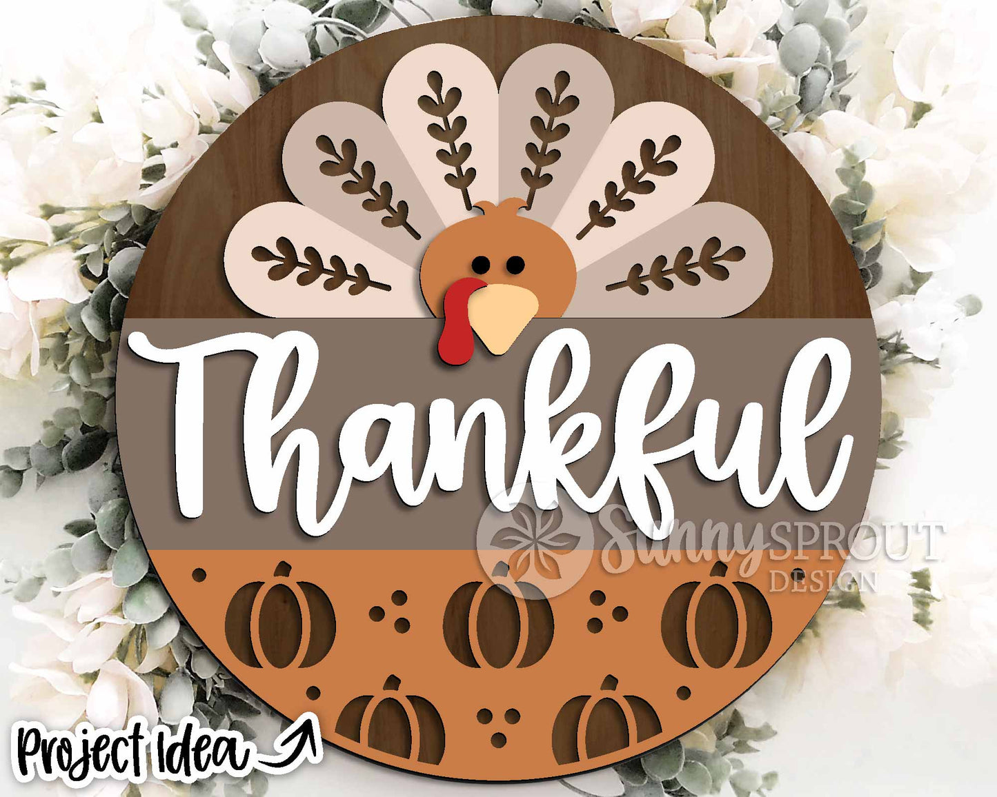Thankful Turkey Pumpkin Sign, Digital Download, SVG Laser Cut File, Cricut, Round Fall Thanksgiving Door Hanger Design
