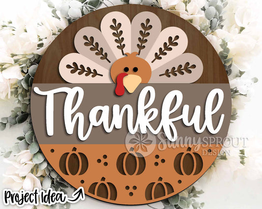 Thankful Turkey Pumpkin Sign, Digital Download, SVG Laser Cut File, Cricut, Round Fall Thanksgiving Door Hanger Design