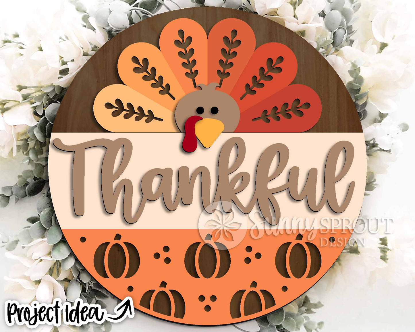 Thankful Turkey Pumpkin Sign, Digital Download, SVG Laser Cut File, Cricut, Round Fall Thanksgiving Door Hanger Design