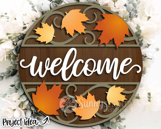 Welcome Maple Leaf Scroll Pattern Sign, Digital Download, SVG Laser Cut File, Cricut, Round Fall Door Hanger Design