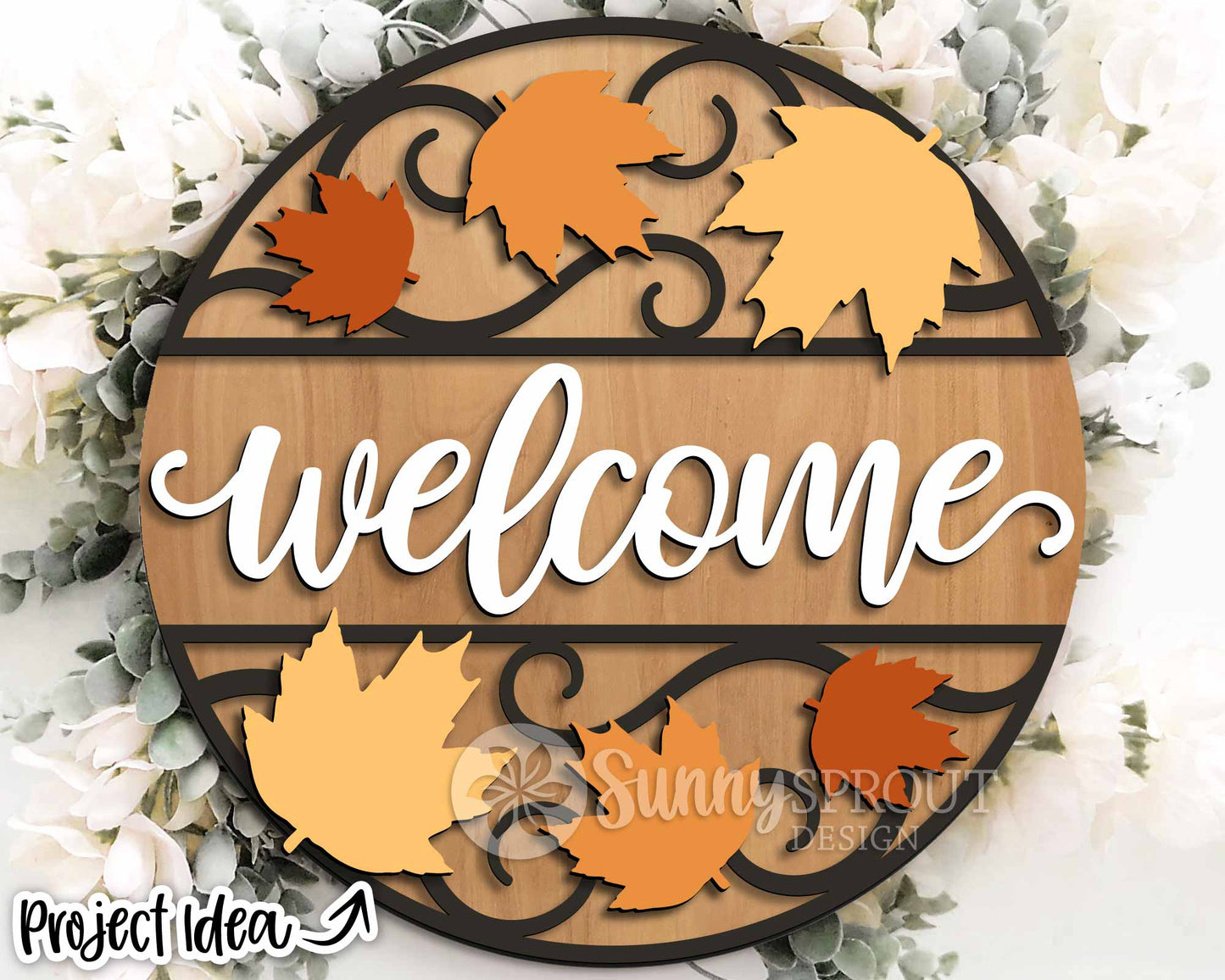Welcome Maple Leaf Scroll Pattern Sign, Digital Download, SVG Laser Cut File, Cricut, Round Fall Door Hanger Design