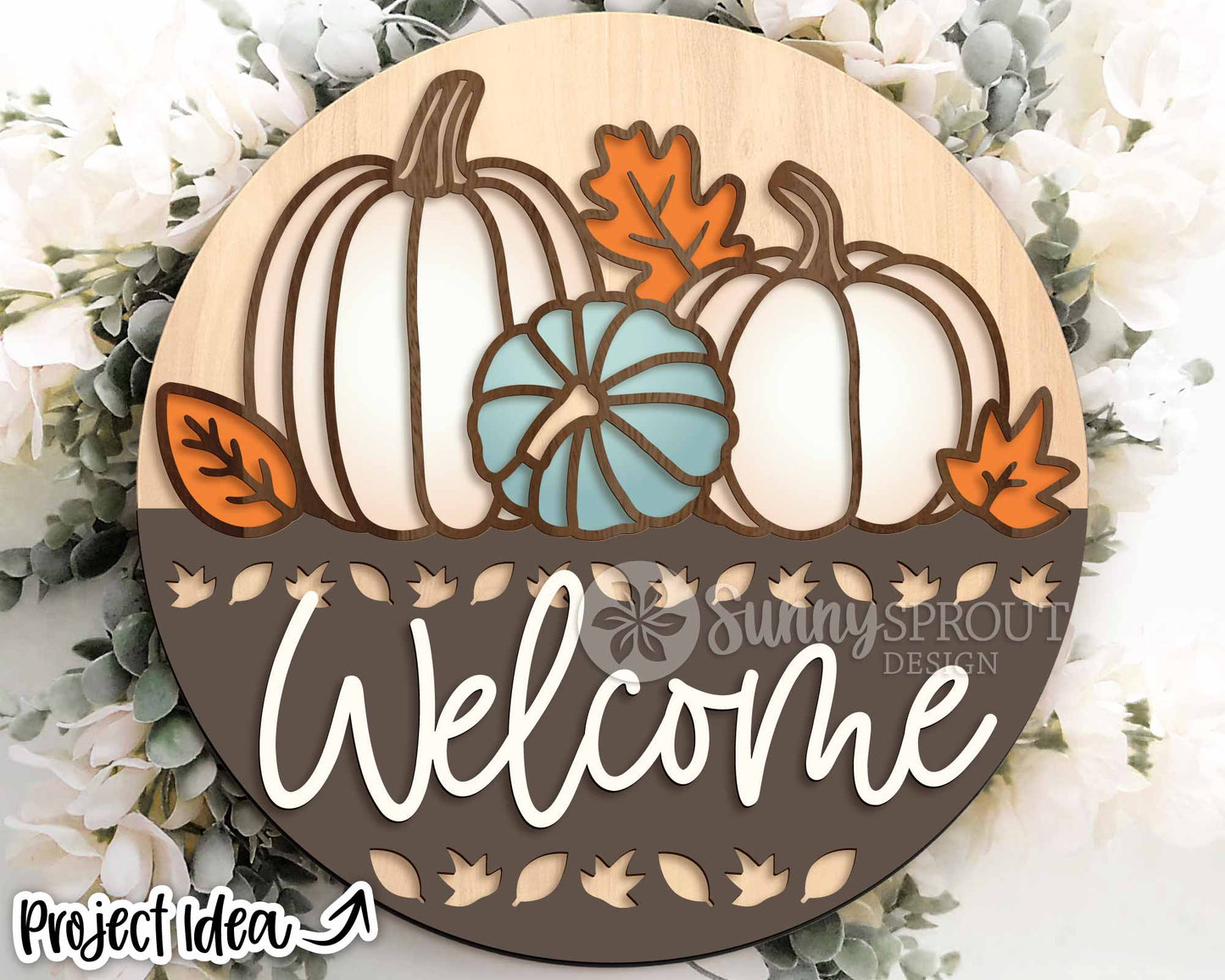 Welcome Fall Pumpkin Leaf Outline Sign, Digital Download, SVG Laser Cut File, Cricut, Round Door Hanger Design