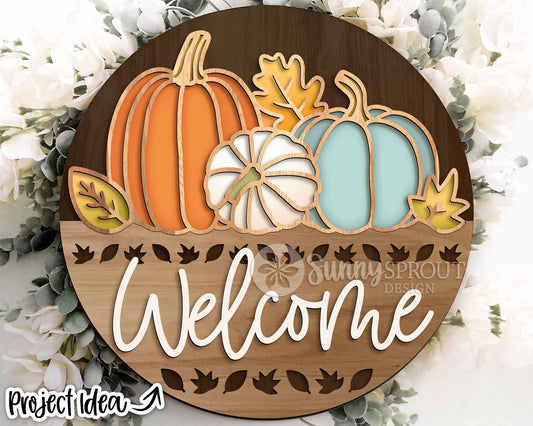 Welcome Fall Pumpkin Leaf Outline Sign, Digital Download, SVG Laser Cut File, Cricut, Round Door Hanger Design