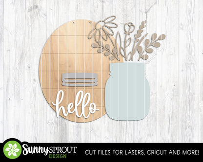 Hello Wildflower Mason Jar Sign, Digital Download, SVG Laser Cut File, Cricut, Oval Door Hanger Design