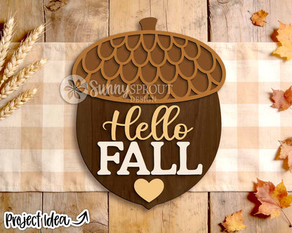 Hello Fall Acorn Sign, Digital Download, SVG Laser Cut File, Cricut, Fall Thanksgiving Door Hanger Design