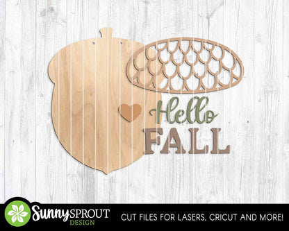 Hello Fall Acorn Sign, Digital Download, SVG Laser Cut File, Cricut, Fall Thanksgiving Door Hanger Design