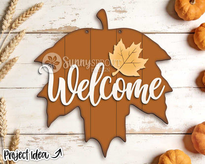 Welcome Maple Leaf Sign, Digital Download, SVG Laser Cut File, Cricut, Fall Thanksgiving Halloween Door Hanger Design