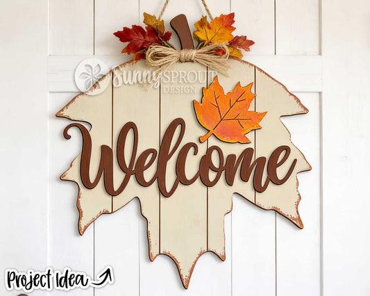 Welcome Maple Leaf Sign, Digital Download, SVG Laser Cut File, Cricut, Fall Thanksgiving Halloween Door Hanger Design