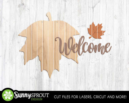 Welcome Maple Leaf Sign, Digital Download, SVG Laser Cut File, Cricut, Fall Thanksgiving Halloween Door Hanger Design