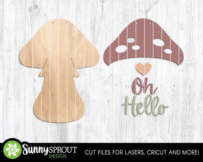 Oh Hello Mushroom Sign, Digital Download, SVG Laser Cut File, Cricut, Fall Thanksgiving Door Hanger Design