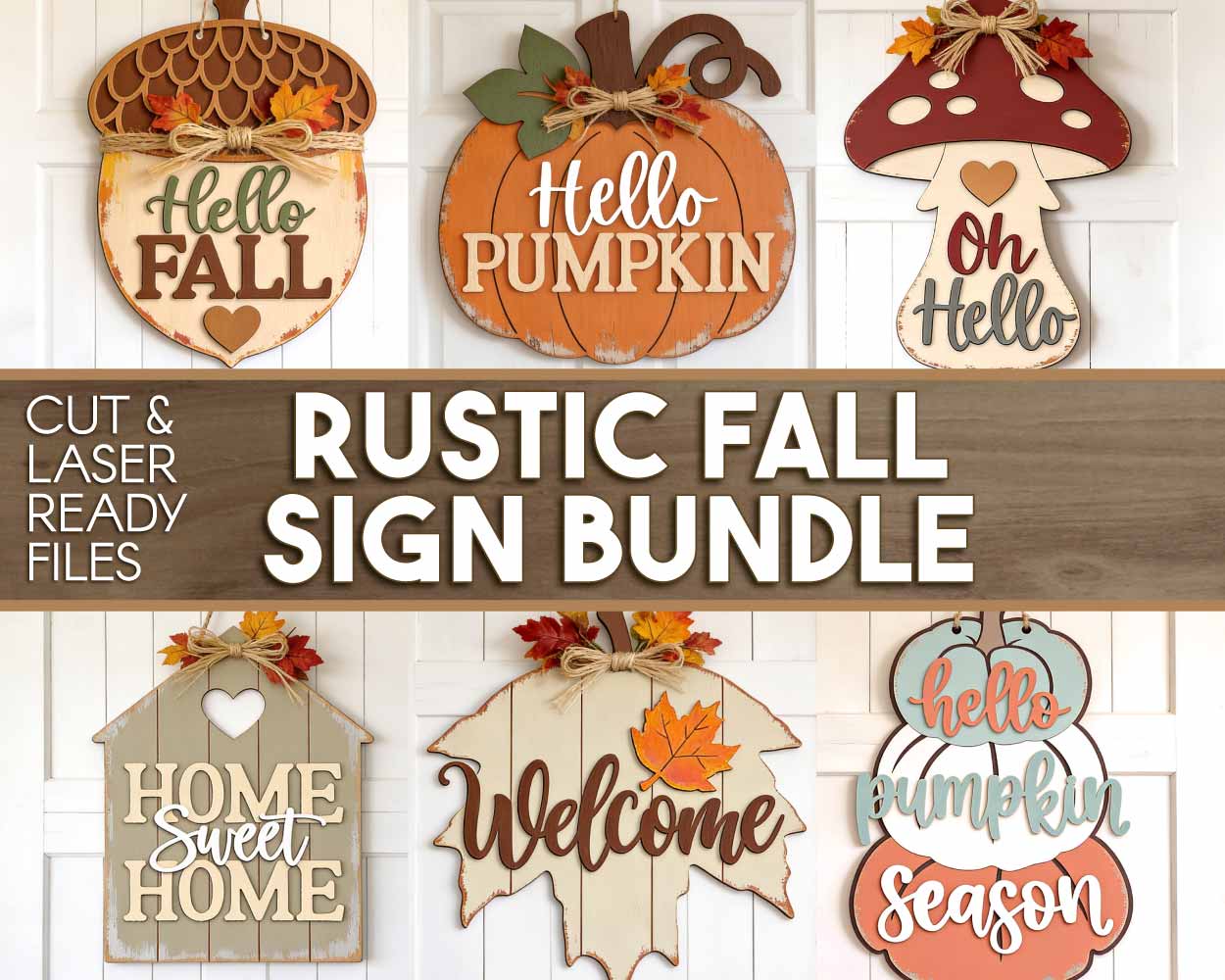 Rustic Fall Laser Sign Bundle, Digital Download, SVG Laser Cut Files, Cricut, Fall Thanksgiving Door Hanger Design, Farmhouse Decor