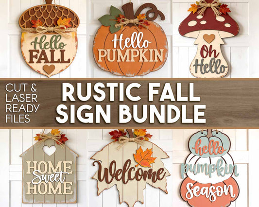 Rustic Fall Laser Sign Bundle, Digital Download, SVG Laser Cut Files, Cricut, Fall Thanksgiving Door Hanger Design, Farmhouse Decor