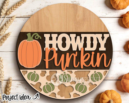 Howdy Pun'kin Western Sign, Digital Download, SVG Laser Cut File, Cricut, Fall Round Door Hanger Design, Cowboy Cow Pattern