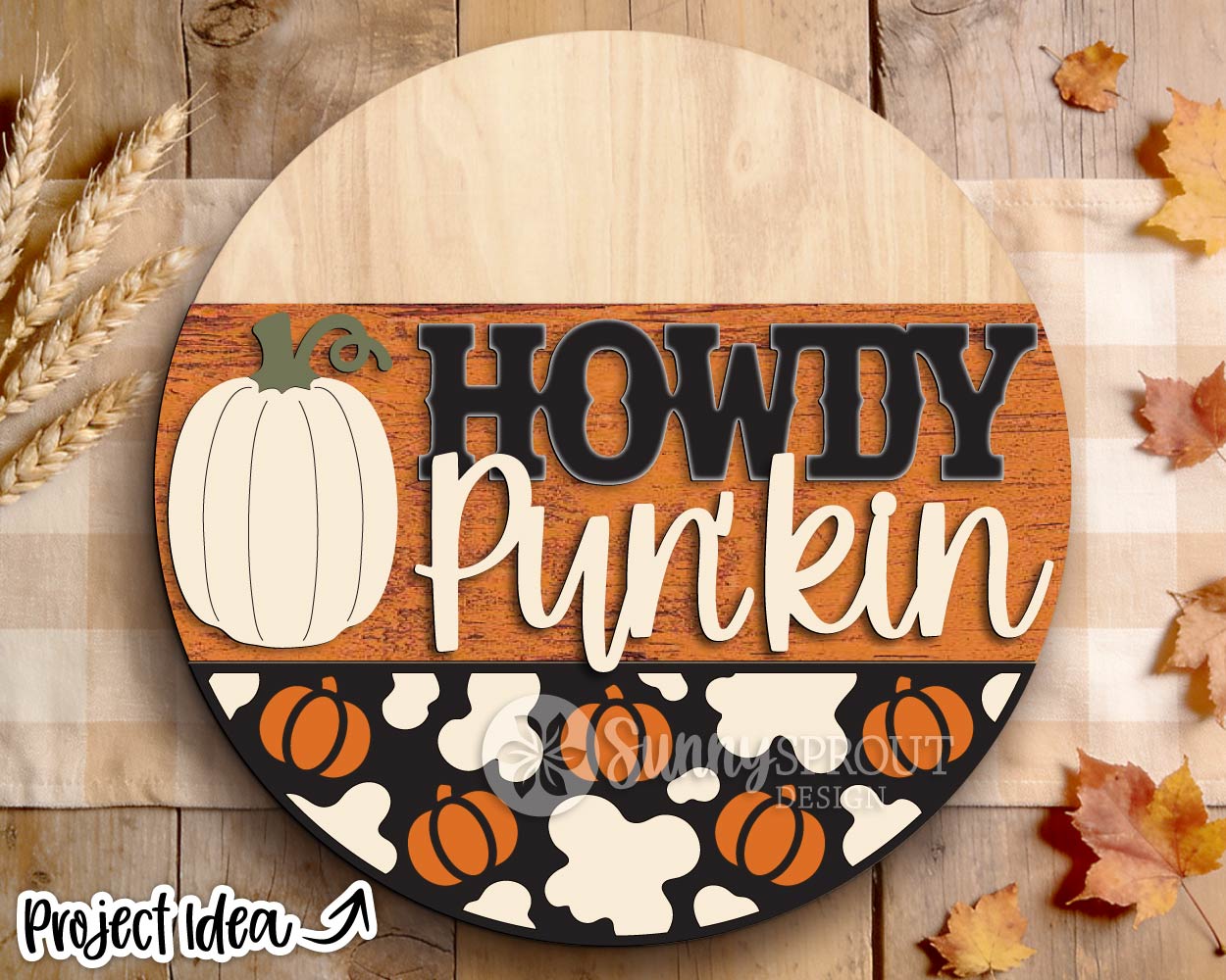 Howdy Pun'kin Western Sign, Digital Download, SVG Laser Cut File, Cricut, Fall Round Door Hanger Design, Cowboy Cow Pattern